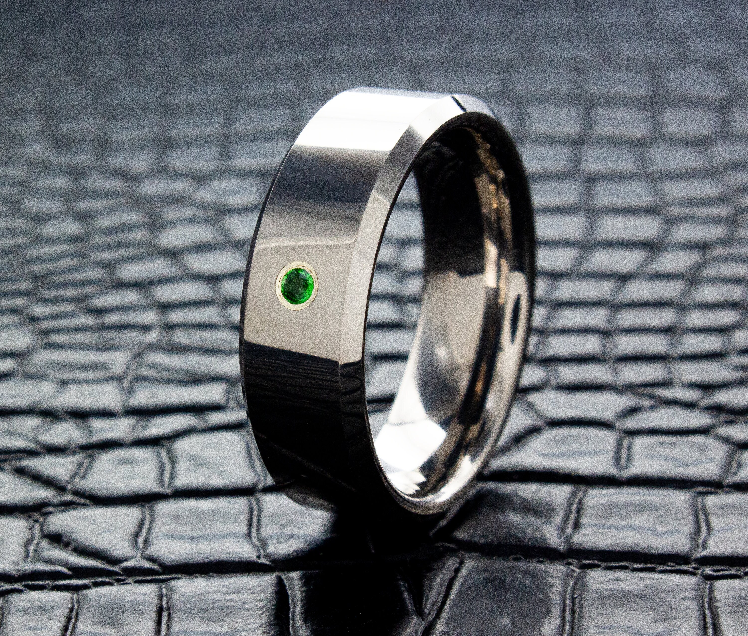 Birthstone Polished 8mm Tungsten Wedding Band, Gemstone Wedding Ring ...