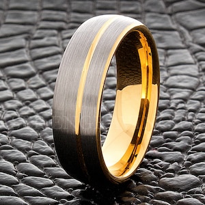 Tungsten Wedding Ring,14k Yellow Gold Ring, 7MM Wedding Band, Men&#39;s Tungsten Ring, Engagement Ring, Custom Hand Made Ring, Anniversary Ring