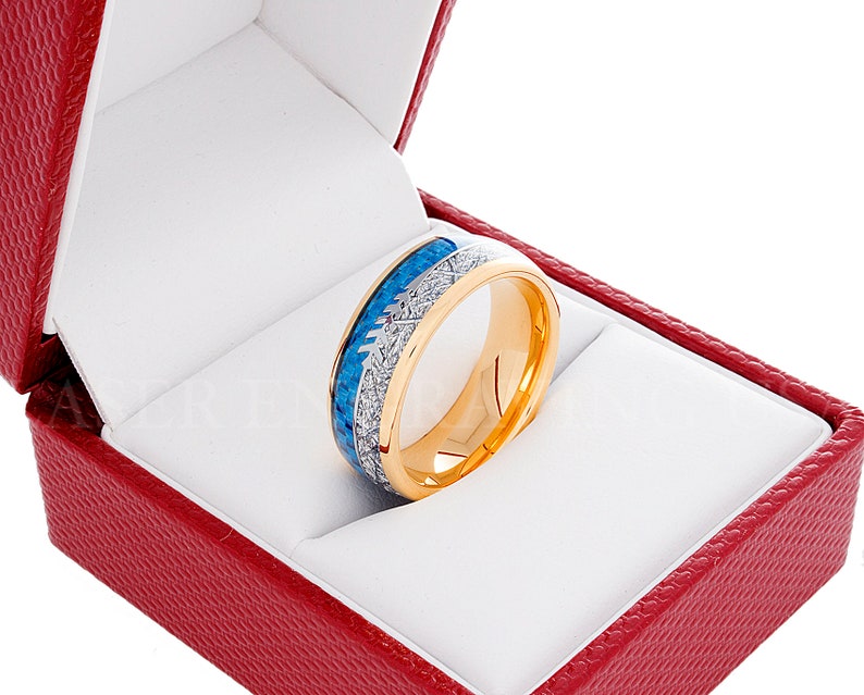 Tungsten Wedding Ring Blue Carbon Fiber Meteorite Arrow Yellow Gold 8MM Tungsten Wedding Band Men/'s Tungsten Ring Tungsten Band Men/'s Ring