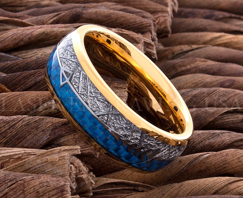 Tungsten Wedding Ring Blue Carbon Fiber Meteorite Arrow Yellow Gold 8MM Tungsten Wedding Band Men/'s Tungsten Ring Tungsten Band Men/'s Ring