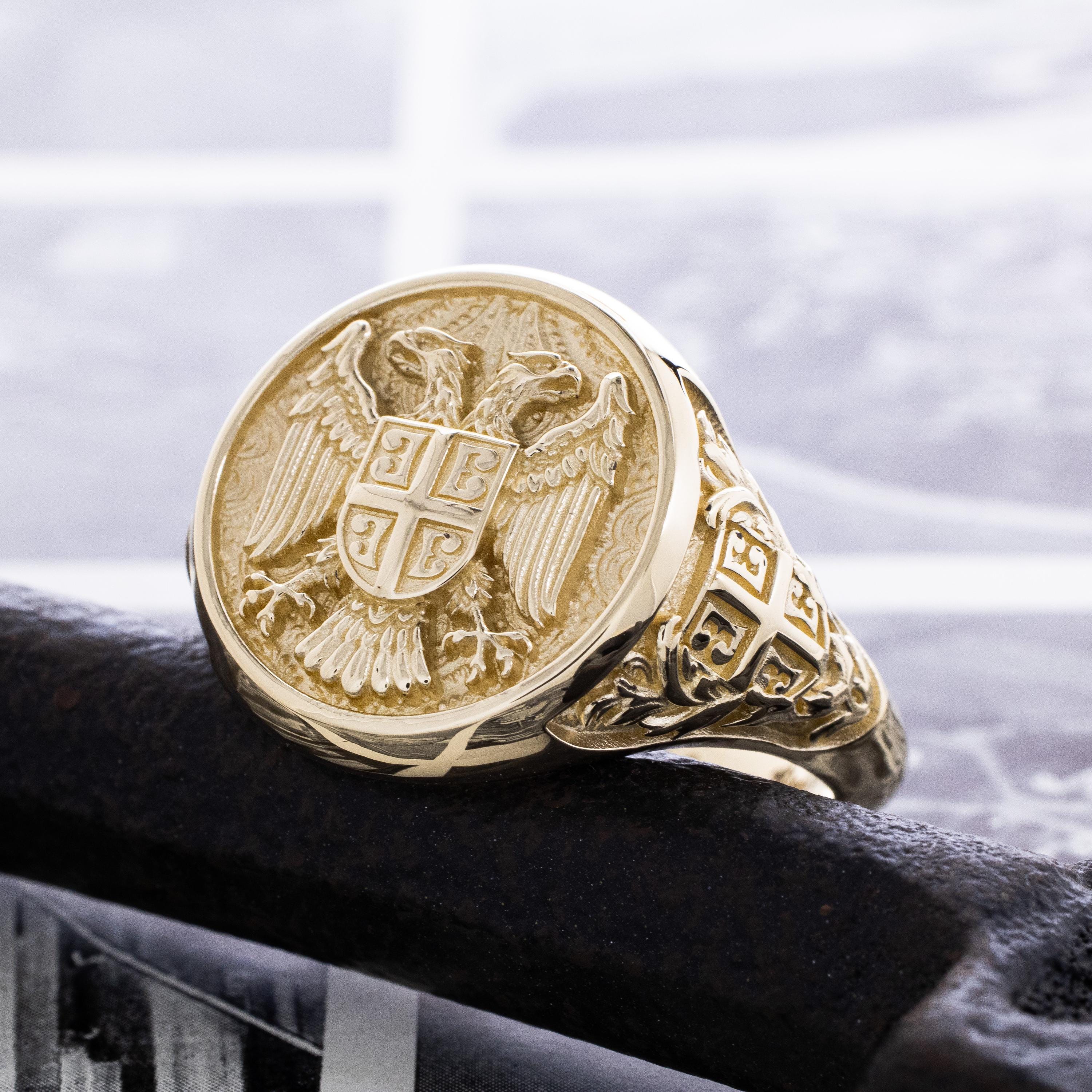 Solid Gold Serbian Eagle Signet Ring, Signet Ring for Men, Coat of 