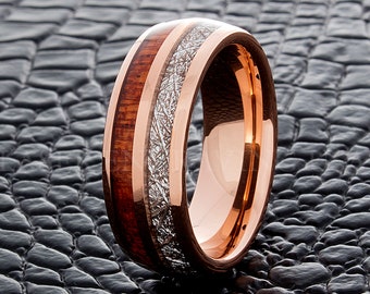 Tungsten Wedding Ring Meteorite Wood Rose Gold Color 8mm Men Women Wedding Band Anniversary Engagement Promise Ring Custom Ring