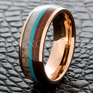 Tungsten Wedding Ring Tungsten Ring Antler Wood and Turquoise 8MM Men Women Wedding Band Ring Personalized Engraving His Her Comfort Fit New