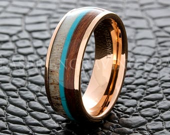 Tungsten Wedding Ring Tungsten Ring Antler Wood and Turquoise 8MM Men Women Wedding Band Ring Personalized Engraving His Her Comfort Fit New