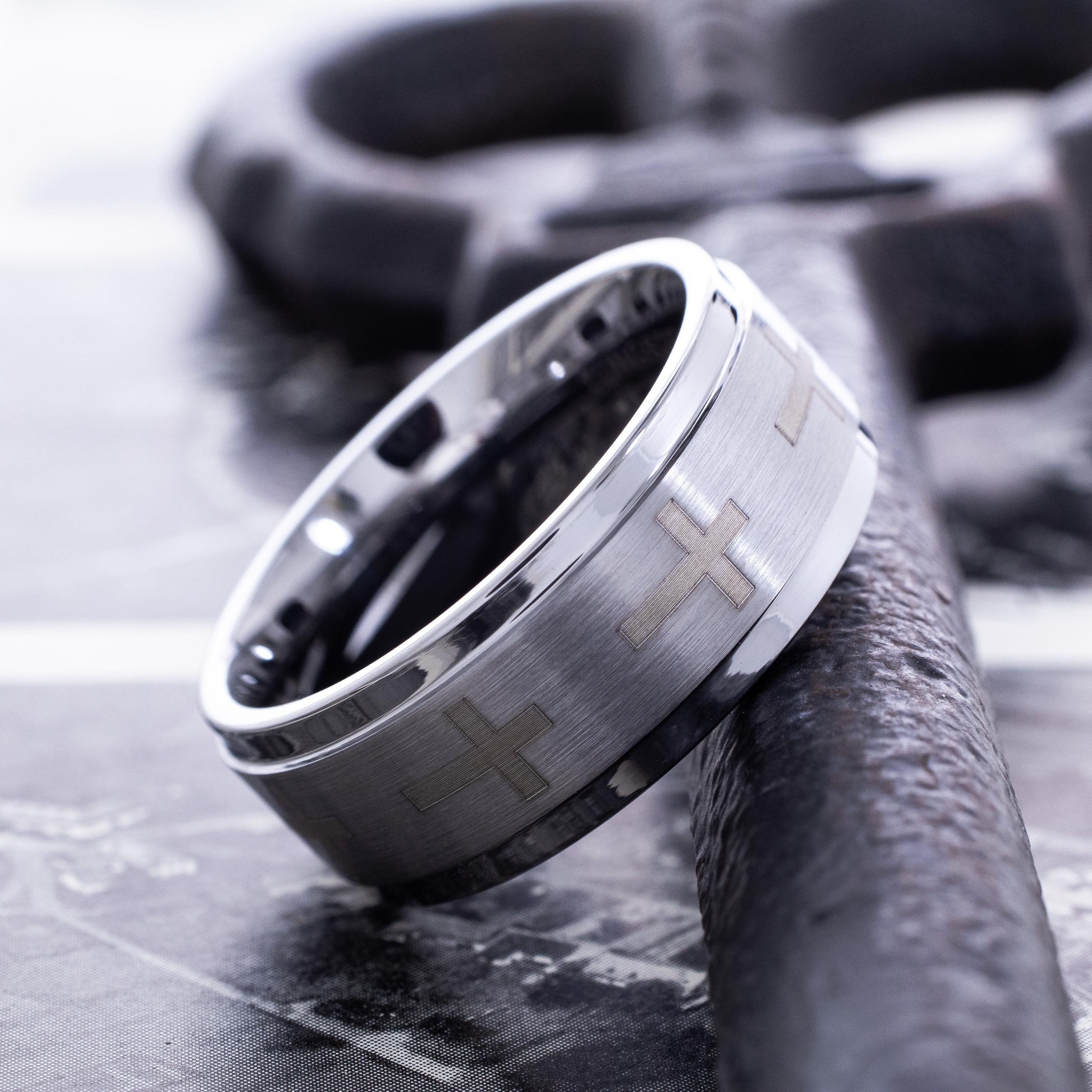 9mm Silver Tungsten Carbide Cross Ring - Men's Religious Wedding Band