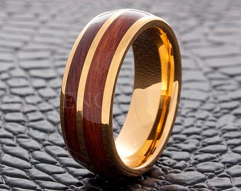 Tungsten Wedding Ring Tungsten Ring Yellow Gold Wood Inlay Ring 8MM Men Women Wedding Band Tungsten Wood Ring Tungsten Ring Dome Wood Ring