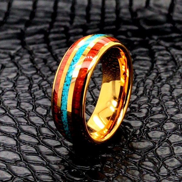 Tungsten Wood Turquoise Yellow Gold Plating 8mm Wedding Ring Men Women Wedding Band Comfort Fit Personalized Tungsten Engagement Ring