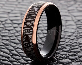 Rose Gold Black Mayan Pattern Ring, 8MM Wedding Band, Men's Tungsten Ring, Women's Tungsten Ring, 14k Rose Gold Ring, Handmade Ring, Custom