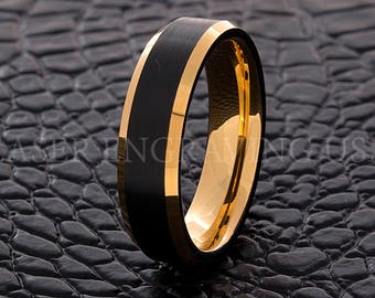 Tungsten Wedding Ring Tungsten Ring Black Yellow Gold 6mm Men Women Wedding Band Ring Comfort Fit Personalized Tungsten Ring Free Engraving