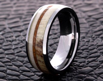 Tungsten Wedding Ring Tungsten Ring Antler Wood Silver 8MM Men Women Wedding Band Anniversary Engagement Promise Ring Comfort Fit New