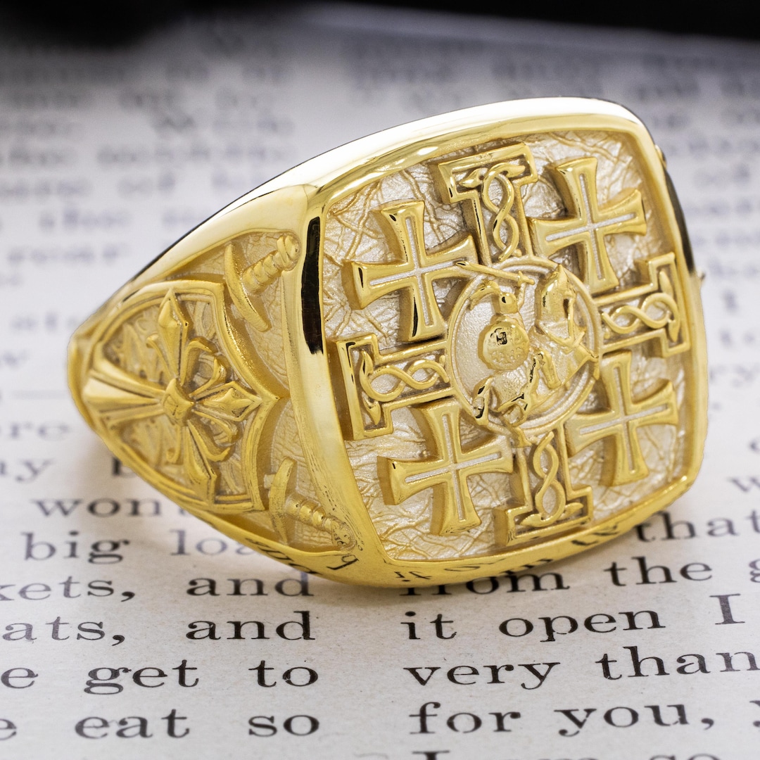 Jerusalem Cross Solid Gold Signet Ring, Knights Templar Christian Ring ...