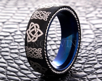 Tungsten Wedding Ring Tungsten Ring Silver Rope Blue Black Celtic Trinity Heart 8MM Wedding Band Men's Tungsten Ring Tungsten Band