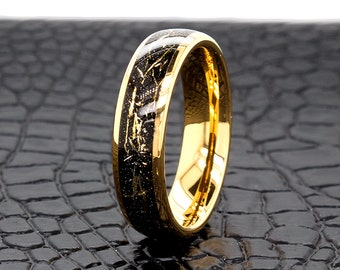 Tungsten Black Yellow Gold 6mm Wedding Ring, Golden Flecks, Engagement Band, Men's Ring, Women's Ring, Laser Engraved, Anniversary Ring