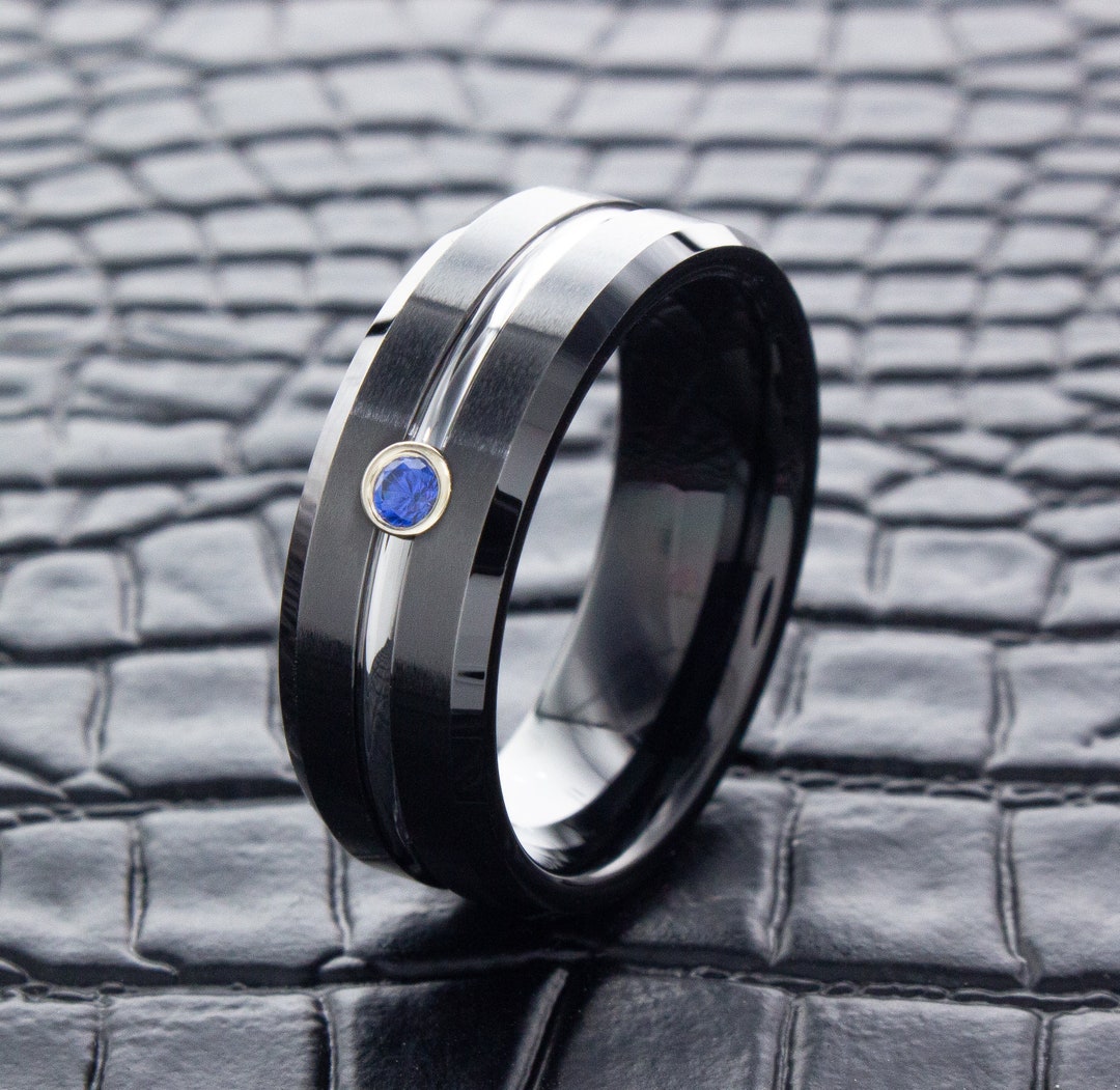 Black Tungsten Wedding Ring With Sapphire, 8mm Gemstone Wedding Ring ...