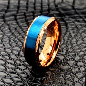 Tungsten Blue & Rose Gold Plating 8mm Wedding Ring Men Women Wedding Band Comfort Fit Personalized Tungsten Engagement Ring