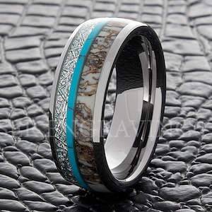 Tungsten Wedding Ring, Antler Ring, Meteorite Ring, Turquoise, 8MM Tungsten Wedding Band, Men&#39;s Tungsten Ring, Men&#39;s Wedding Ring, Handmade