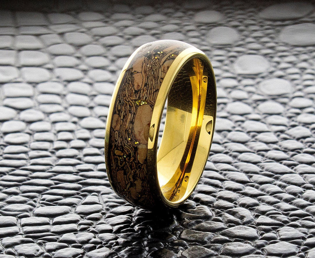 Tungsten Cork Inlay Ring, Yellow Gold Ring, 8mm Men Women Wedding Band ...
