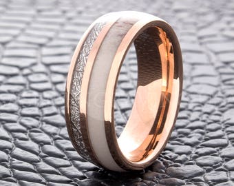 Tungsten Wedding Ring Meteorite Antler Rose Gold 8mm Men Women Wedding Band Anniversary Engagement Promise Ring Comfort Fit Custom Made Ring