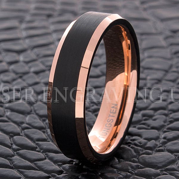 Fede nuziale in tungsteno, anello in tungsteno nero placcato oro rosa 14k, 6 mm, fede nuziale da uomo e da donna, vestibilità comoda, anello in tungsteno personalizzato
