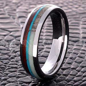 Tungsten Wedding Ring Tungsten Ring Antler Wood and Turquoise 6MM Men Women Wedding Band Anniversary Engagement Promise Ring Comfort Fit New