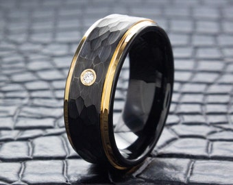 Fede nuziale in tungsteno in oro rosa e martellato nero con diamante, fede nuziale in pietra portafortuna, anello di fidanzamento personalizzato personalizzato in tungsteno