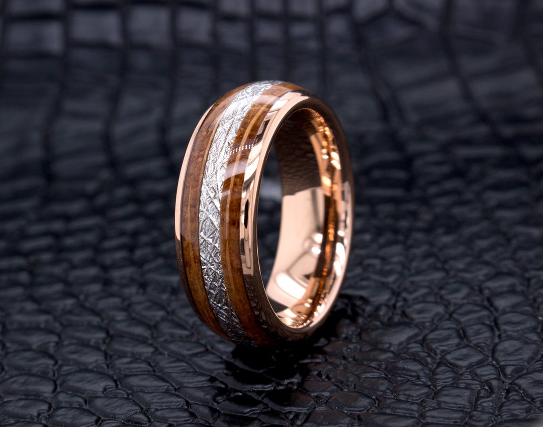 Tungsten Wedding Ring, Double Koa Wood, Meteorite Ring, Rose Gold 14k ...