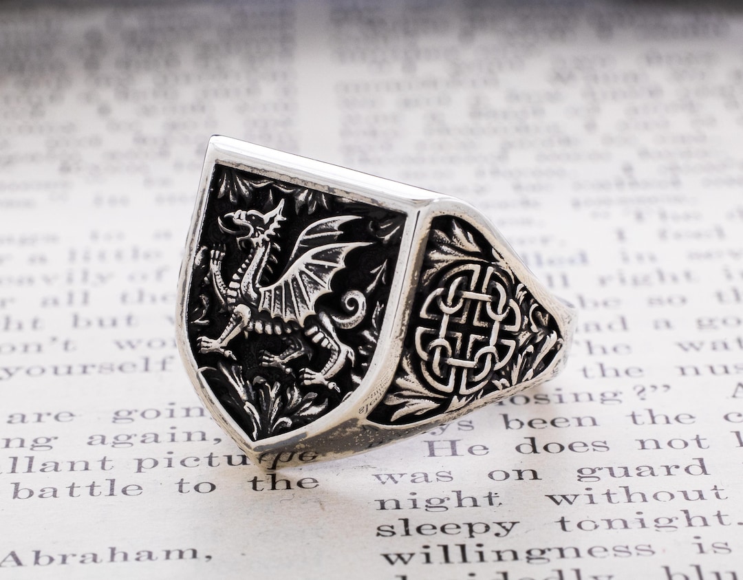Welsh Heraldic Dragon Sterling Silver Signet Ring, Medieval Signet Ring ...