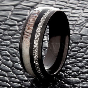 Wolfram Ehering, Meteorit Ring, HirschGeweih Ring, Schwarzer Wolfram Ring, 8mm Herren Ehering, personalisierter Ring, handgemachter Ring