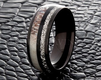 Anello nuziale in tungsteno, anello meteorite, anello di corna di cervo, anello di tungsteno nero, anello nuziale da uomo da 8 mm, anello personalizzato, anello fatto a mano