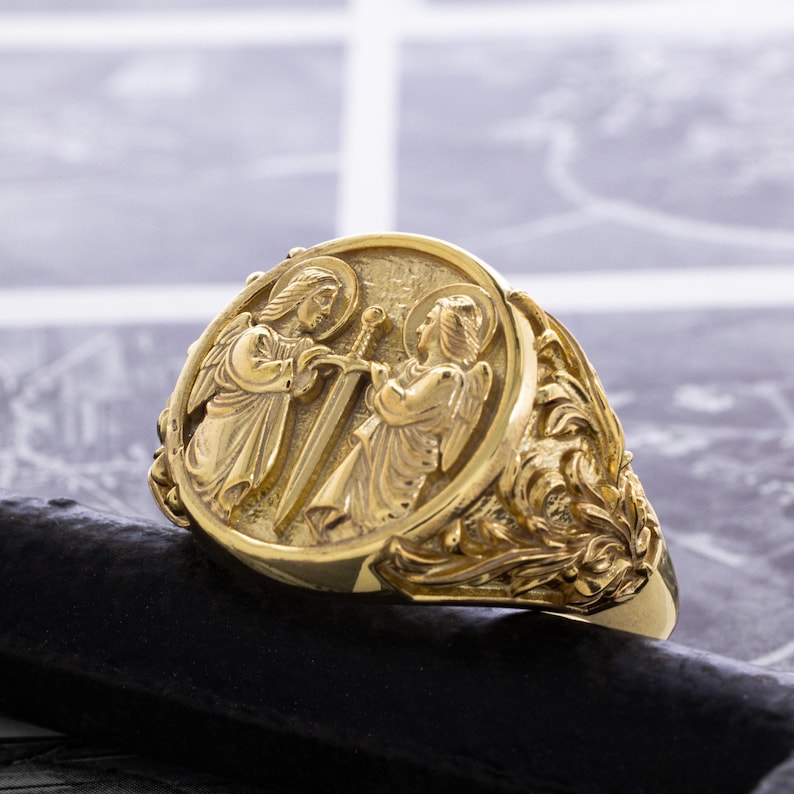 Angels With Sword Gold Signet Ring, Solid Gold Signet Ring for Men ...