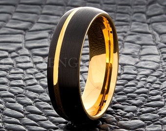 Tungsten Wedding Ring Tungsten Ring Yellow Gold Black 7MM Wedding Band Men's Tungsten Ring Tungsten Band Personalized Ring Custom Made Ring