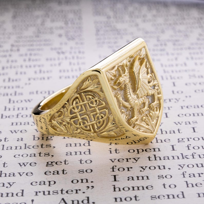 Welsh Heraldic Dragon Solid Gold Signet Ring, Medieval Signet Ring for ...