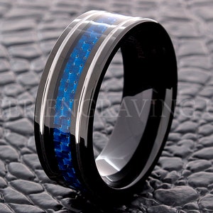Wolfram Ehering, Blau Silber Streifen CarbonFaser Ring, 8MM Wolfram Ehering, Herren Wolfram Ring, Frauen Ehering, Handarbeit