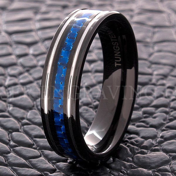 Wolfram Hochzeit Ring Silber Streifen Kohlefaser-6MM Wolfram Ehering Herren Wolfram Ring Tungsten Band Herren Wolfram