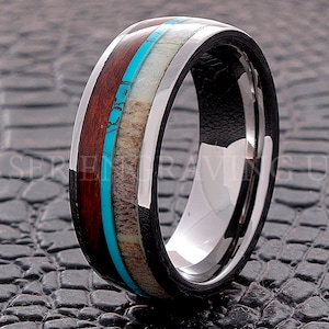 Tungsten Wedding Ring Tungsten Ring Antler Wood and Turquoise 8MM Men Women Wedding Band Anniversary Engagement Promise Ring Comfort Fit New