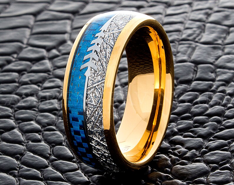 Tungsten Wedding Ring Blue Carbon Fiber Meteorite Arrow Yellow Gold 8MM Tungsten Wedding Band Men/'s Tungsten Ring Tungsten Band Men/'s Ring