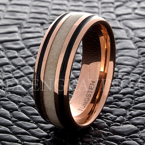 Tungsten Wedding Ring, Deer Antler Ring, Rose Gold Ring, Black Enamel Grooves 8MM Tungsten Wedding Band, Men&#39;s Wedding Ring, Wedding Band