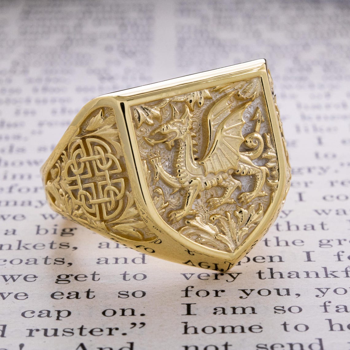 Welsh Heraldic Dragon Solid Gold Signet Ring, Medieval Signet Ring for ...