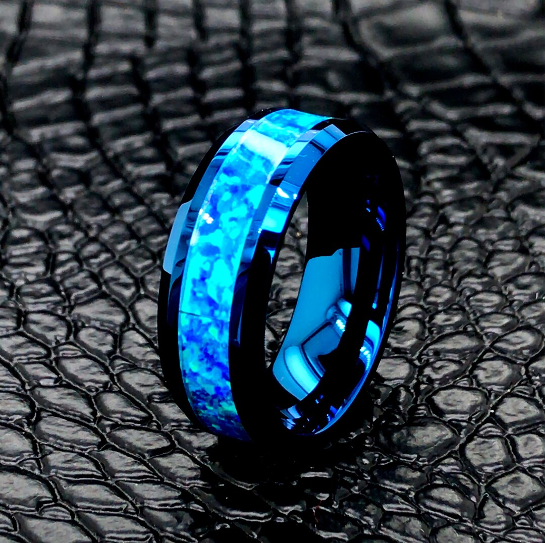 Blue Opal Tungsten Ring, Mens Tungsten Ring, Womens Wedding Ring, Custom Ring, Personalized Ring