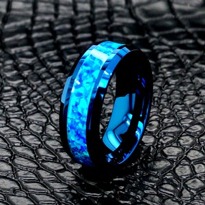 Blue Opal Tungsten Ring, Mens Tungsten Ring, Womens Wedding Ring, Custom Ring, Personalized Ring, 8mm Blue Ring, Ring for Him, Promise Ring