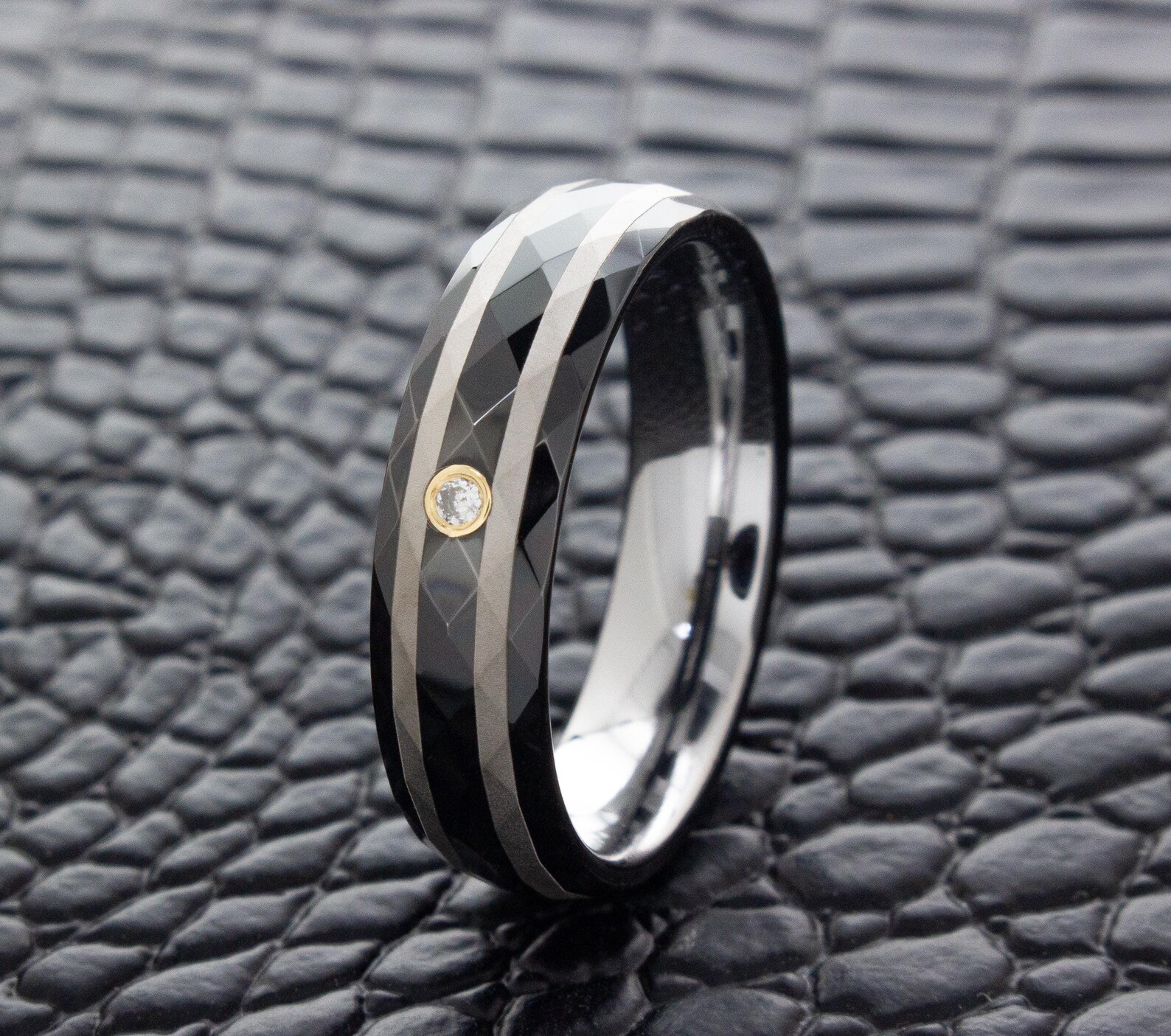 Space Age Blackened Silver Tungsten Wedding Ring With Diamond ...