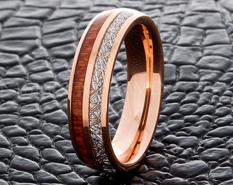 Tungsten Wedding Ring Meteorite Wood Rose Gold Color 6mm Men Women Wedding Band Anniversary Engagement Promise Ring Custom Ring