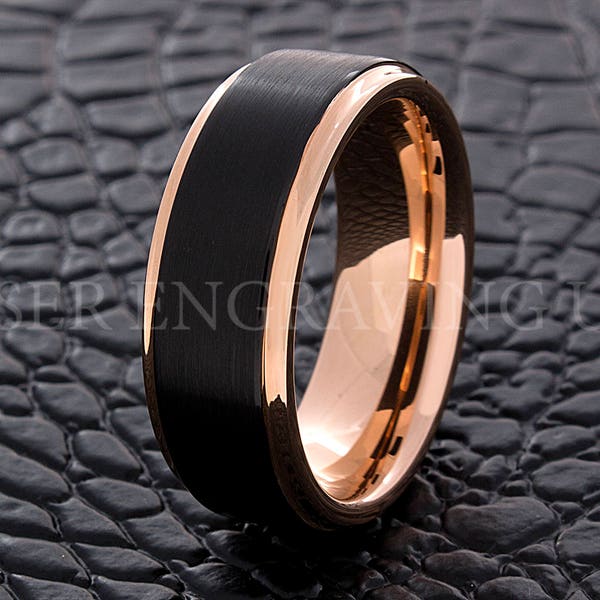 Anello nuziale in tungsteno Anello in tungsteno Oro rosa Nero 8MM Fede nuziale Uomini Anello in tungsteno Donne Anello in tungsteno Incisione laser gratuita personalizzata