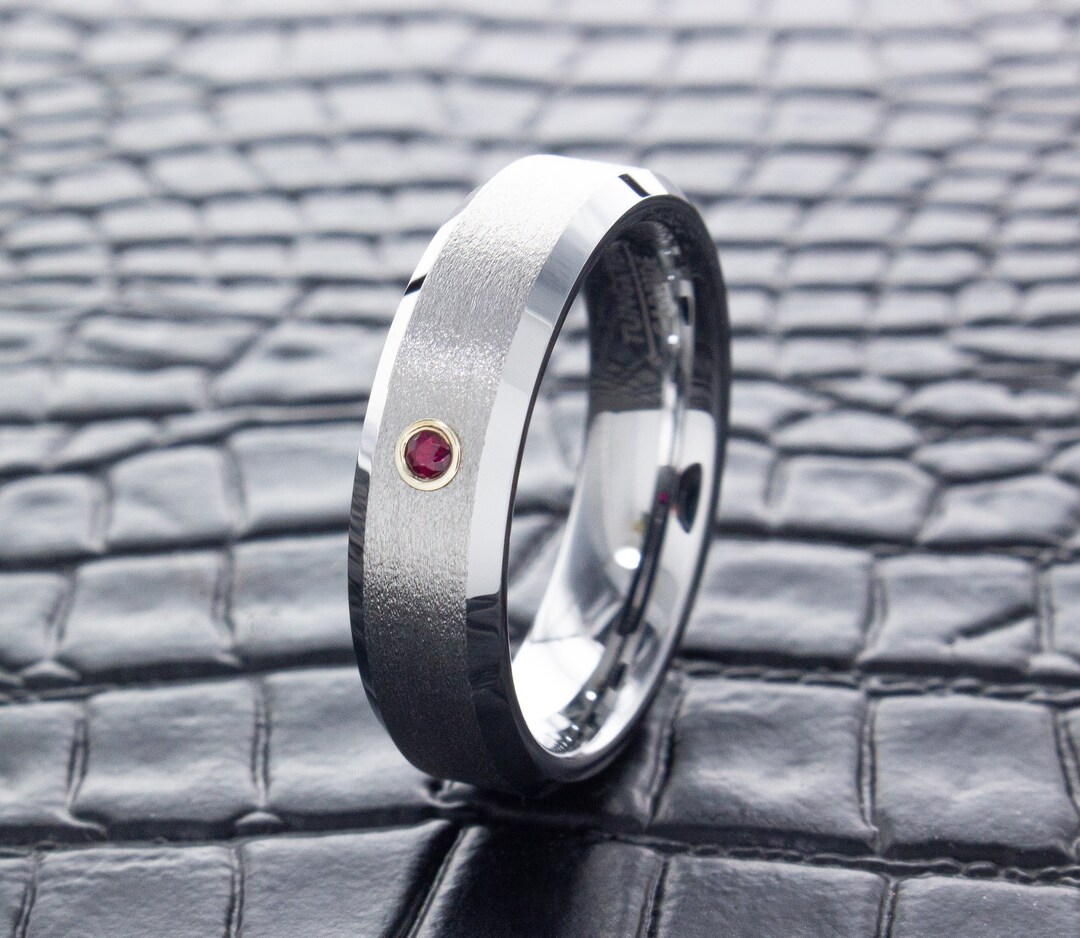 Silver 6mm Diamond Tungsten Wedding Ring With Ruby, Birthstone Wedding ...