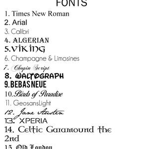 May include: A list of fonts, including Times New Roman, Arial, Calibri, ALGERIAN, VIKING, Champagne & Limosines, Chopin Script, WALTOGRAPH, BEBAS NEUE, Birds of Paradise, GeosansLight, Jane Austen, XPERIA, Celtic Garamound the 2nd, and Old London.