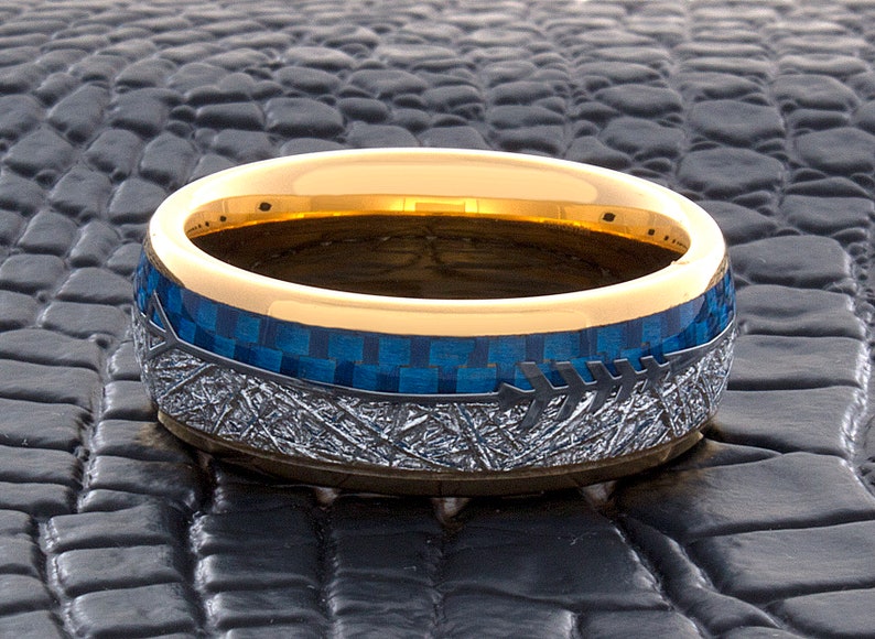 Tungsten Wedding Ring Blue Carbon Fiber Meteorite Arrow Yellow Gold 8MM Tungsten Wedding Band Men/'s Tungsten Ring Tungsten Band Men/'s Ring