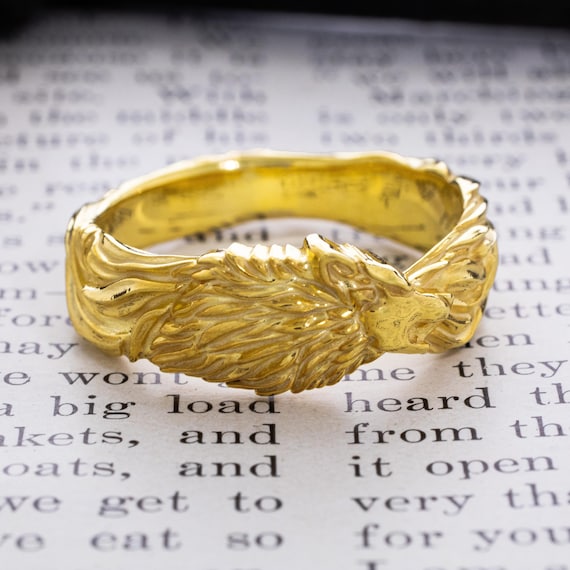Wolf Ouroboros Solid Gold Band, Nature Ring for Him and Her, Outdoors Ring, Personalised Ring, Engraved Ring, Gift for Him and Her