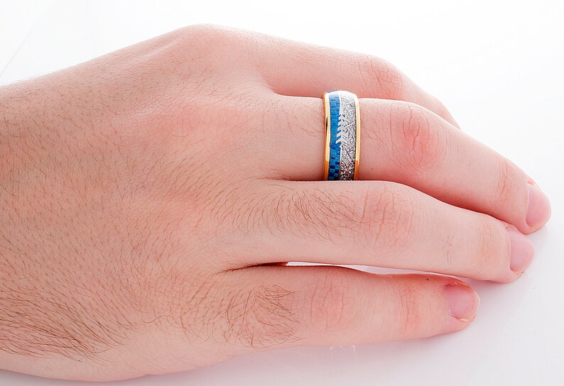 Tungsten Wedding Ring Blue Carbon Fiber Meteorite Arrow Yellow Gold 8MM Tungsten Wedding Band Men/'s Tungsten Ring Tungsten Band Men/'s Ring