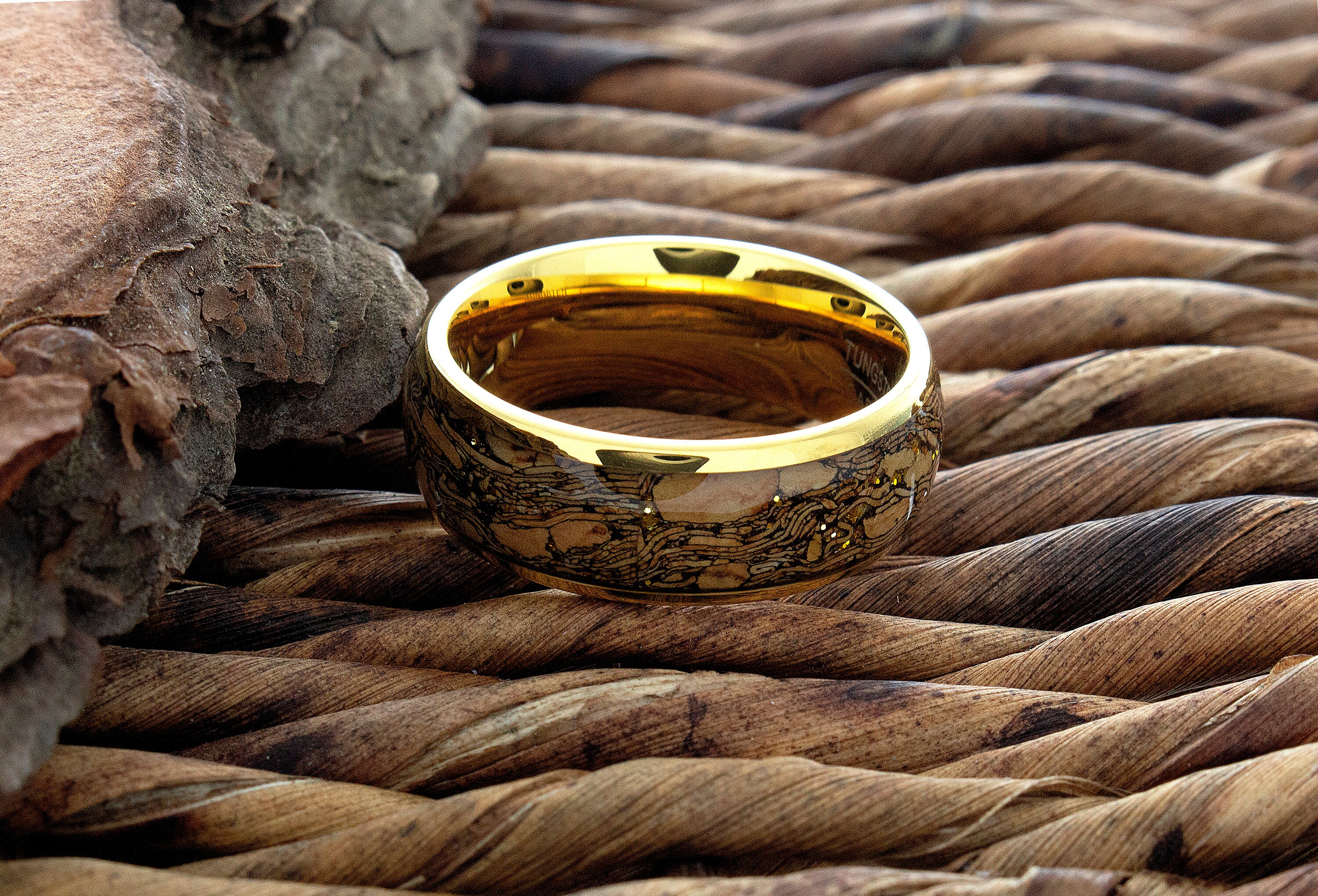 Tungsten Cork Inlay Ring, Yellow Gold Ring, 8mm Men Women Wedding Band ...