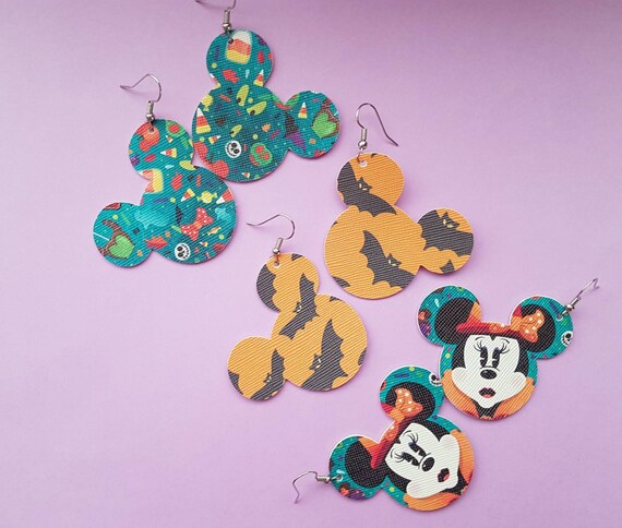 Spoooky Season Earrings | mickey head earrings | faux leather earrings | bat print earrings | Halloween park snacks earrings